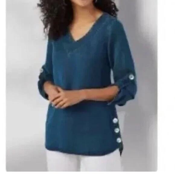 Soft Surroundings Fairmont Tencel Tunic Top Roll Tab Sleeves Blue Chambray Sz L - Picture 1 of 13
